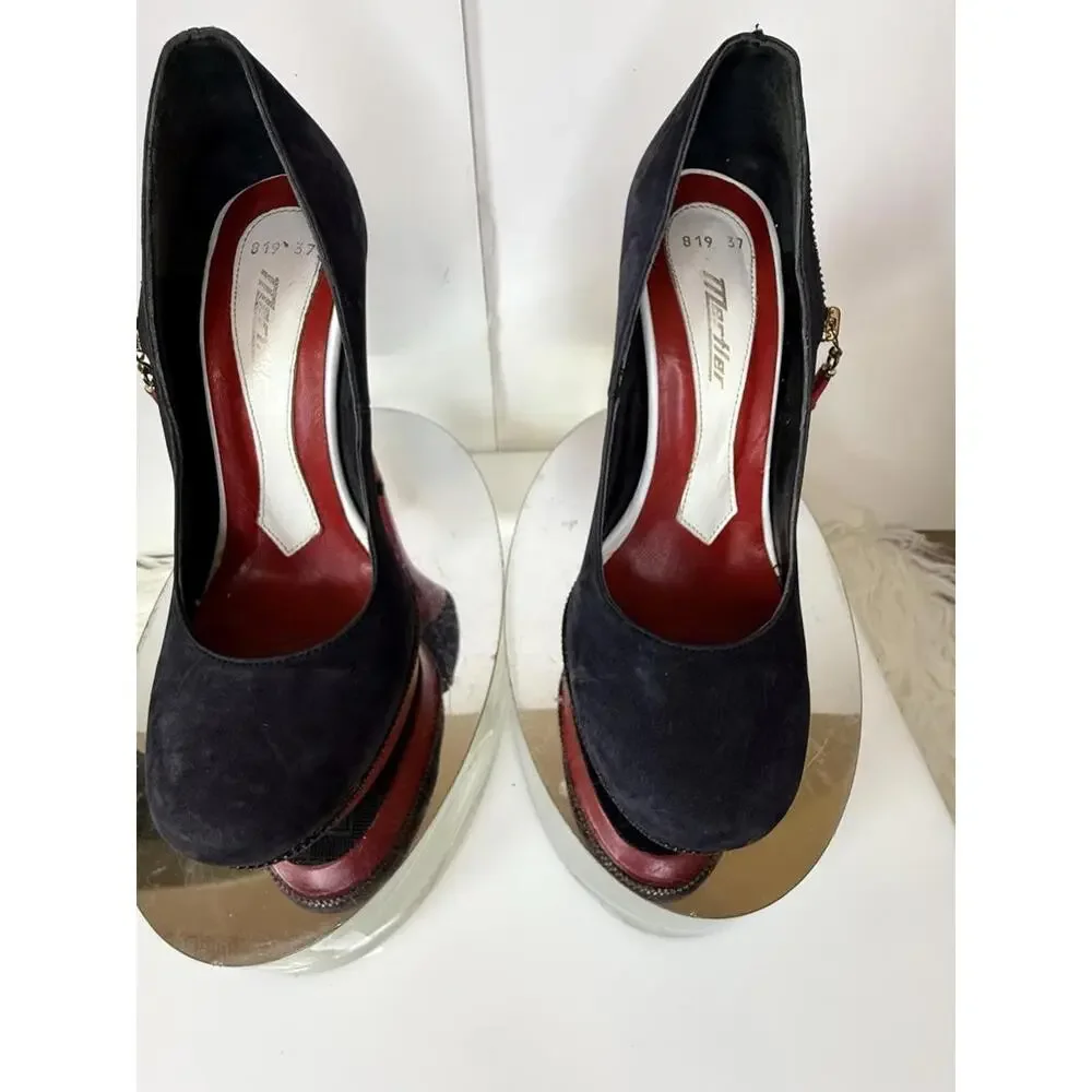 Merlier Blue Red White Suede Heels Womens Leather Sz 6.5 Red Sole High Fashion